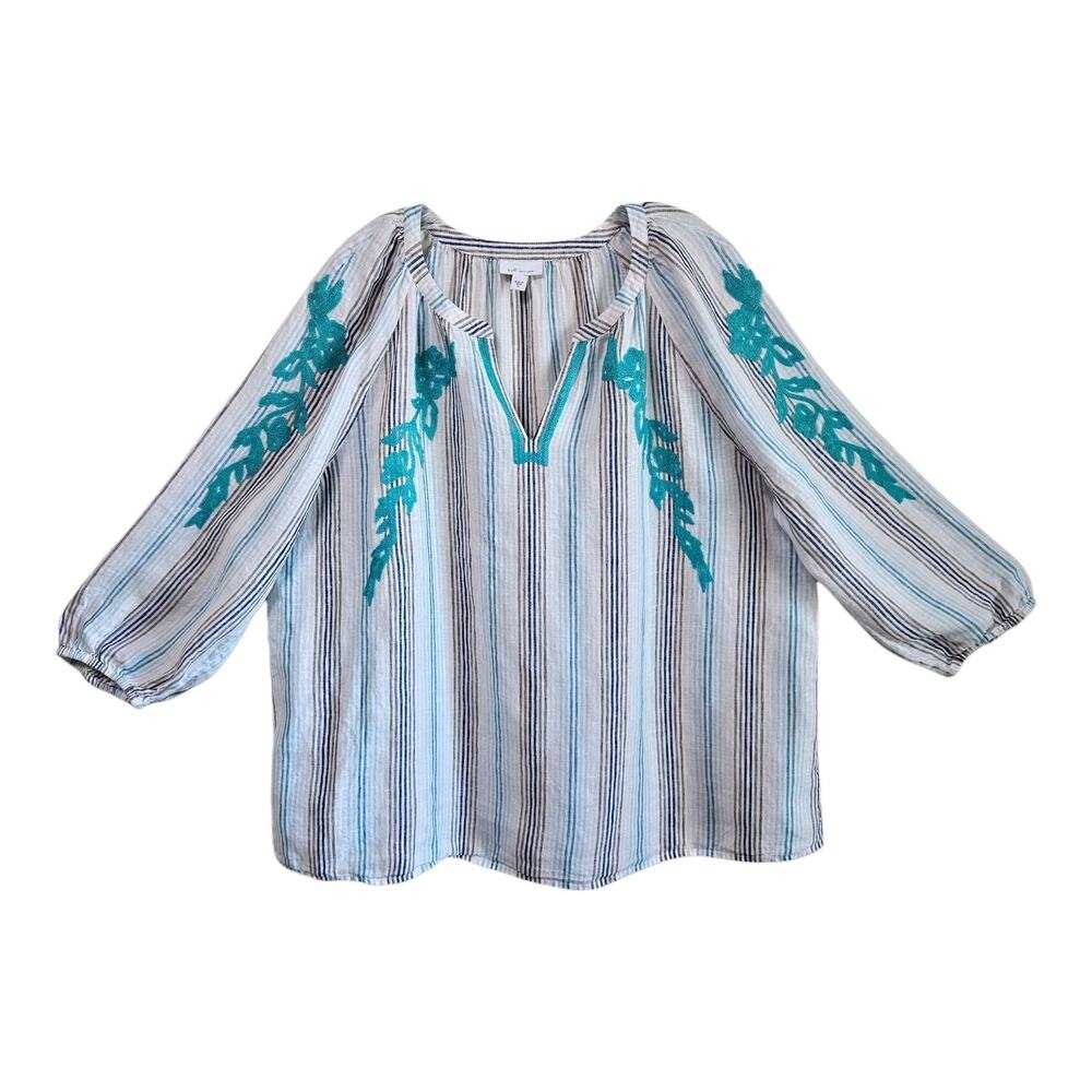 J JILL Love Linen Size XL Blouse Striped Embroidered Floral 3/4 Ballon Sleeve 46